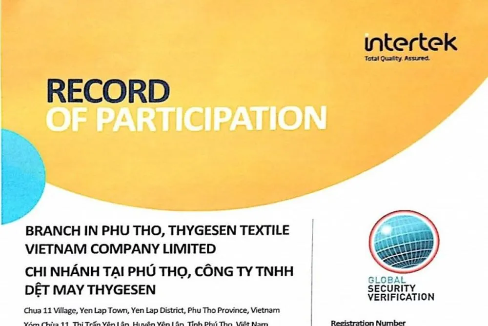 Thygesen Branch in Phu Tho receives security certificate issued by Intertek